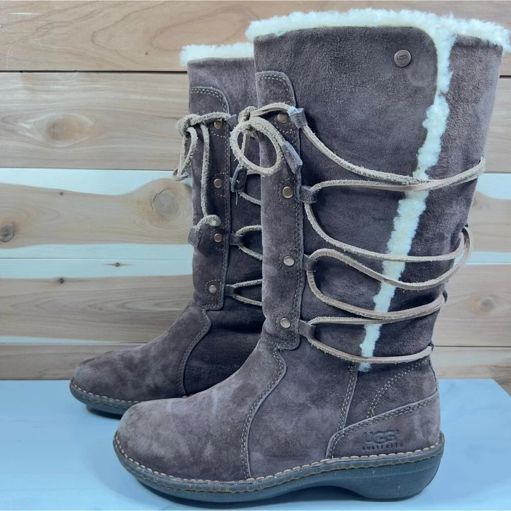 UGG Australia Sunburst Tall Suede Sheepskin Boots Brown Lace Up Womens 7